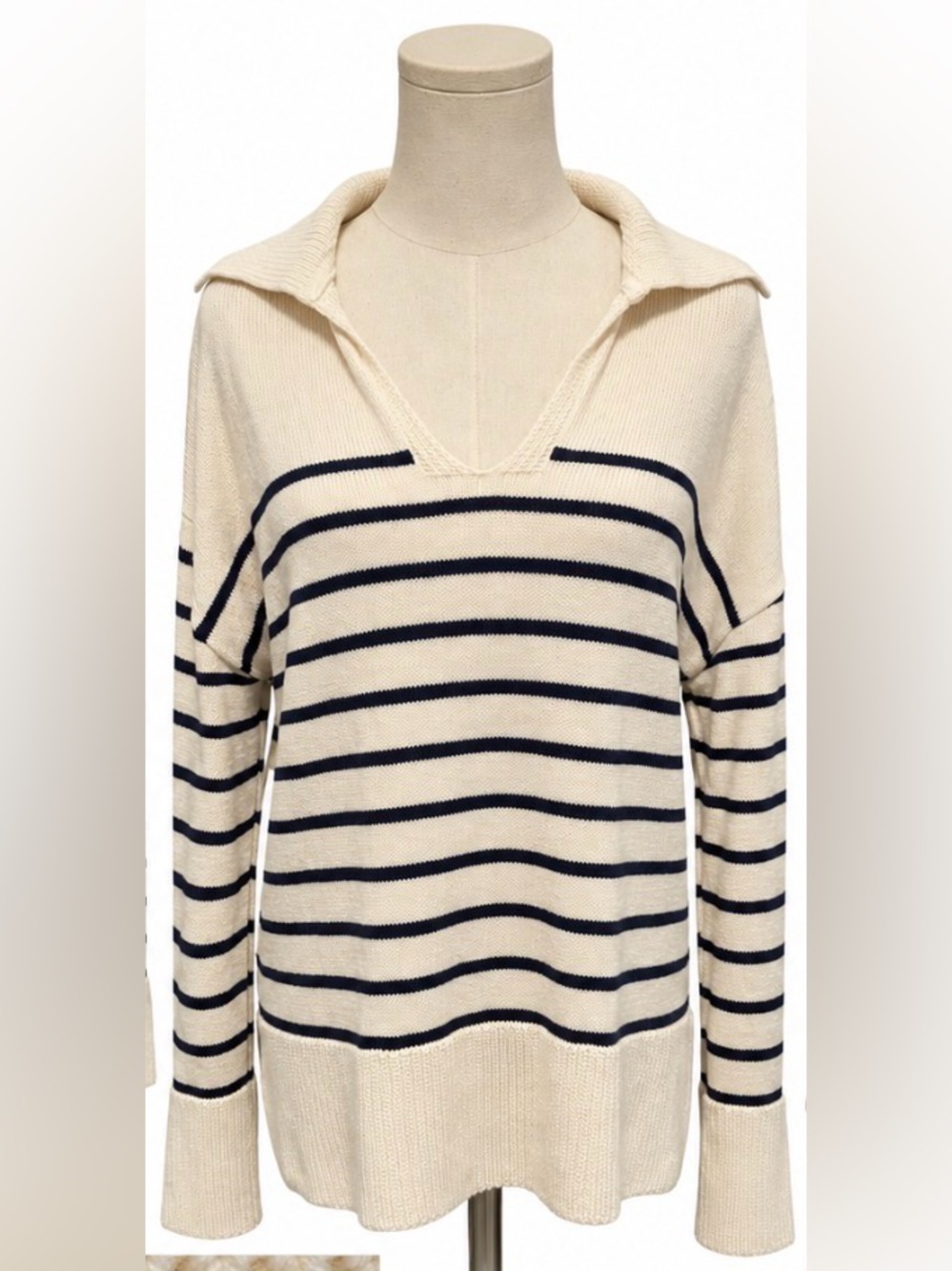 Elie Tahari Ivory Black Striped Collared Sweater Soft Knit Size L